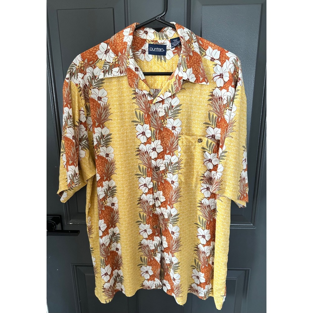 Mens Yellow Orange Pineapple Hibiscus Floral‎ Hawaiian Button Down Shirt Large